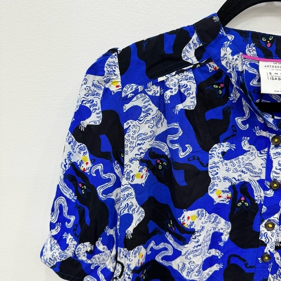 Anthropologie Emily Isabella Robina Tiger Panther Blouse blue white black Sz XS - Picture 3 of 6